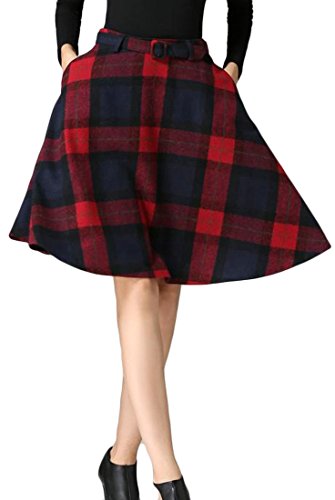 Cruiize Womens Classic Plaid Swing Winter Wool A-Line Blend Midi Skirt Red XL