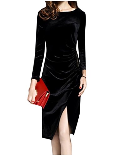 Coolred-Women Elegant Long-Sleeve Gold Velvet Split Tunic Party Dress Black XS