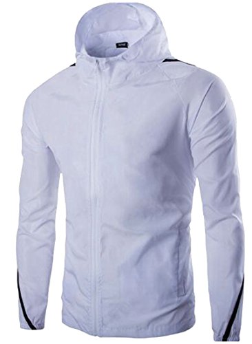 Fulok Men's Classic Sports Zip-Front Hooded Outdoors Jackets Coats White Medium
